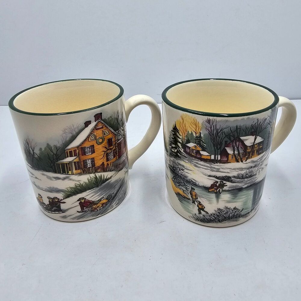 Vintage 1992 The Cellar O Tannenbaum Coffee Mugs Lot 2 Winter Snow Scene Japan